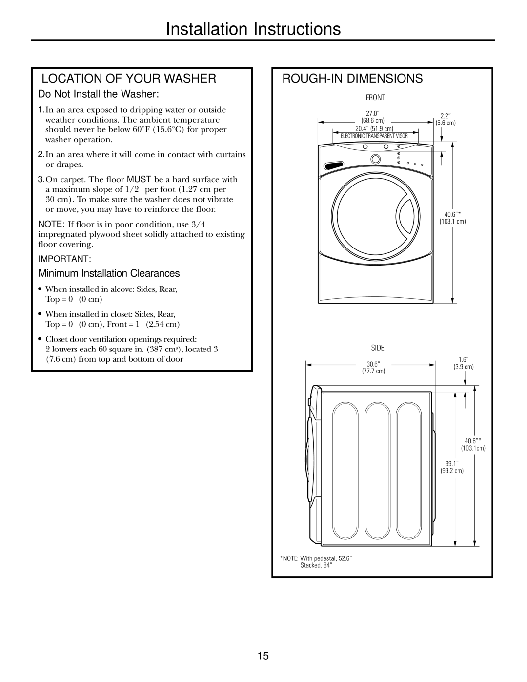 GE WBVH5200 operating instructions Location of Your Washer, ROUGH-IN Dimensions 