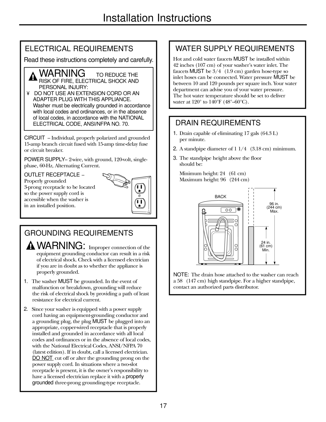 GE WBVH5200 Electrical Requirements, Grounding Requirements, Water Supply Requirements, Drain Requirements 