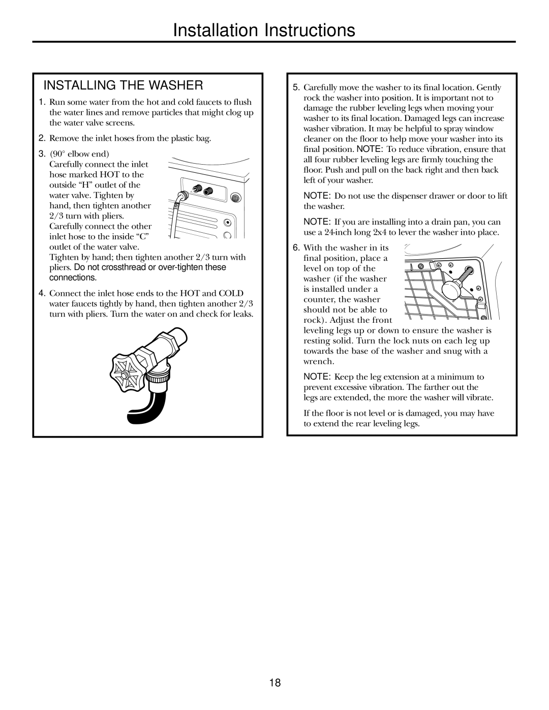 GE WBVH5200 operating instructions Installing the Washer 