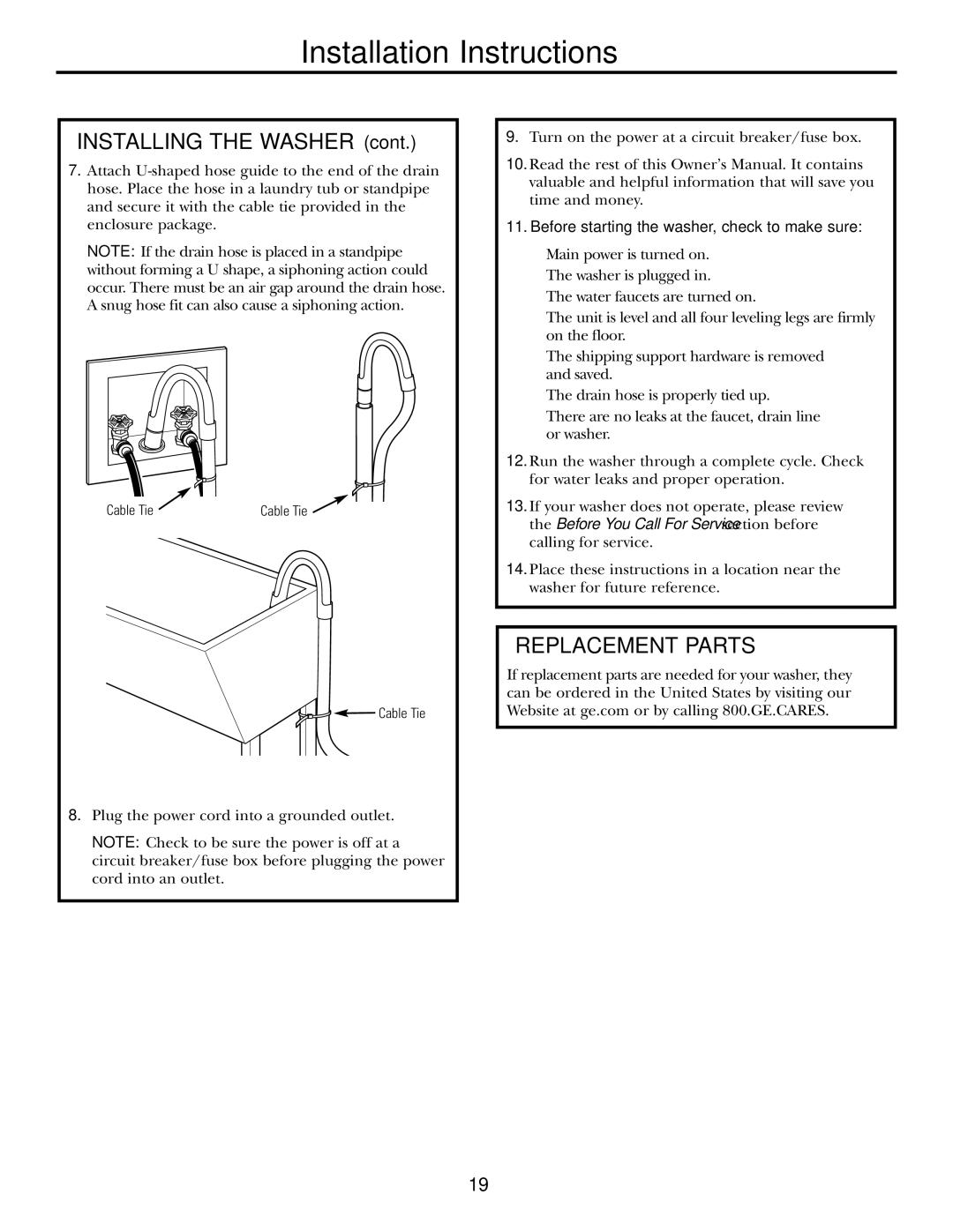 GE WBVH5200 operating instructions Replacement Parts, Before starting the washer, check to make sure 