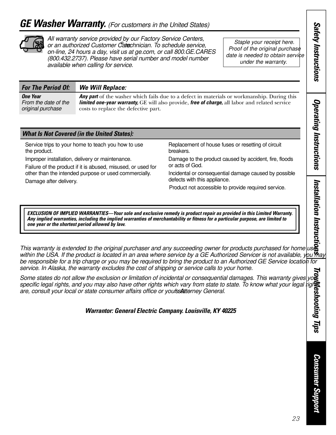 GE WBVH5200 operating instructions Safety, We Will Replace, What Is Not Covered in the United States 