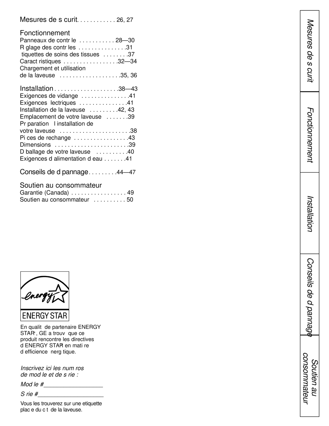 GE WBVH5200 operating instructions Fonctionnement, Inscrivez ici les numéros de modèle et de série 