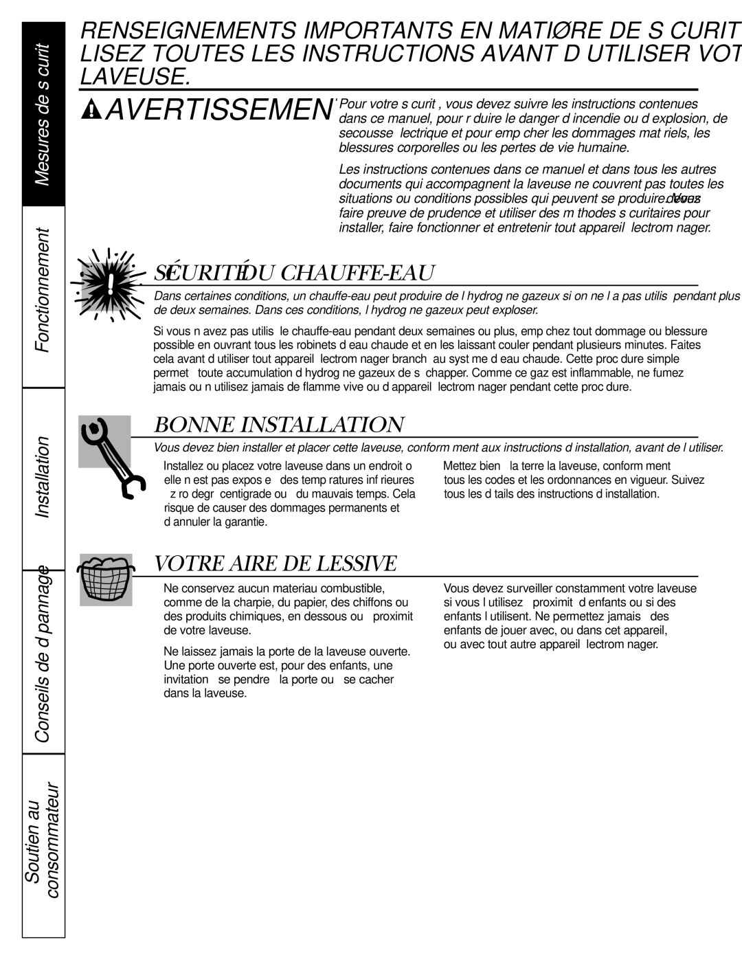 GE WBVH5200 operating instructions Fonctionnement Installation, Soutien au Consommateur, Conseils de dépannage 