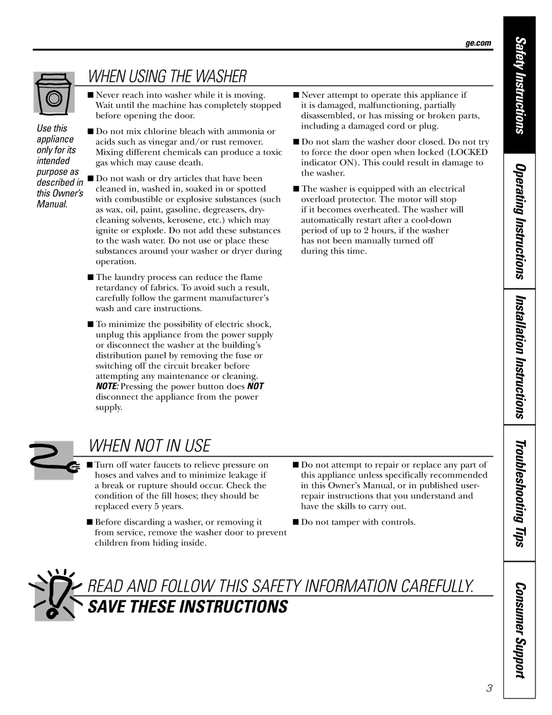 GE WBVH5200 operating instructions When Using the Washer, Ge.com 