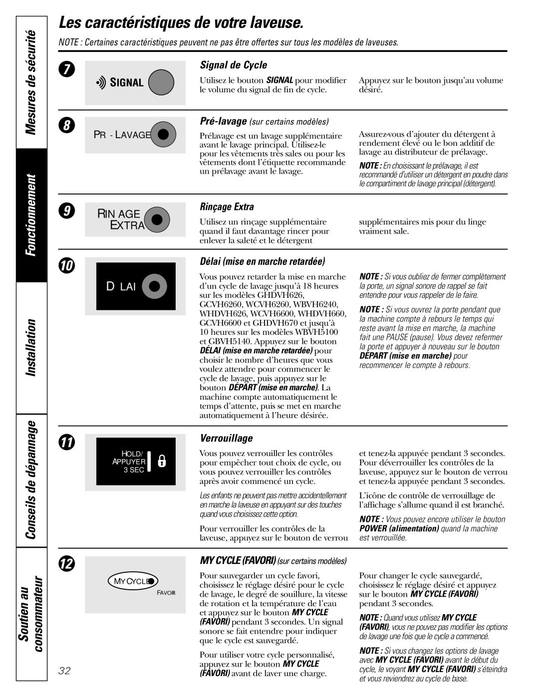 GE WBVH5200 Les caractéristiques de votre laveuse, Installation Conseils de dépannage, Signal de Cycle, Rinçage Extra 