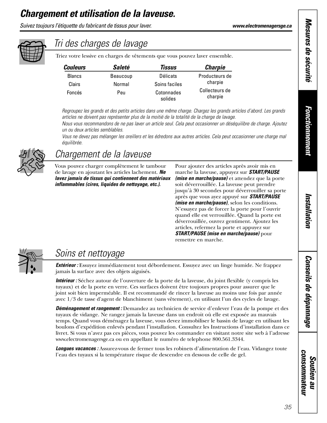 GE WBVH5200 Chargement et utilisation de la laveuse, Tri des charges de lavage, Chargement de la laveuse 