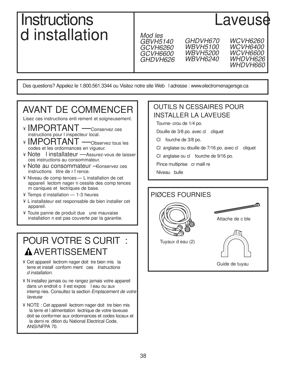 GE WBVH5200 operating instructions Instructions 