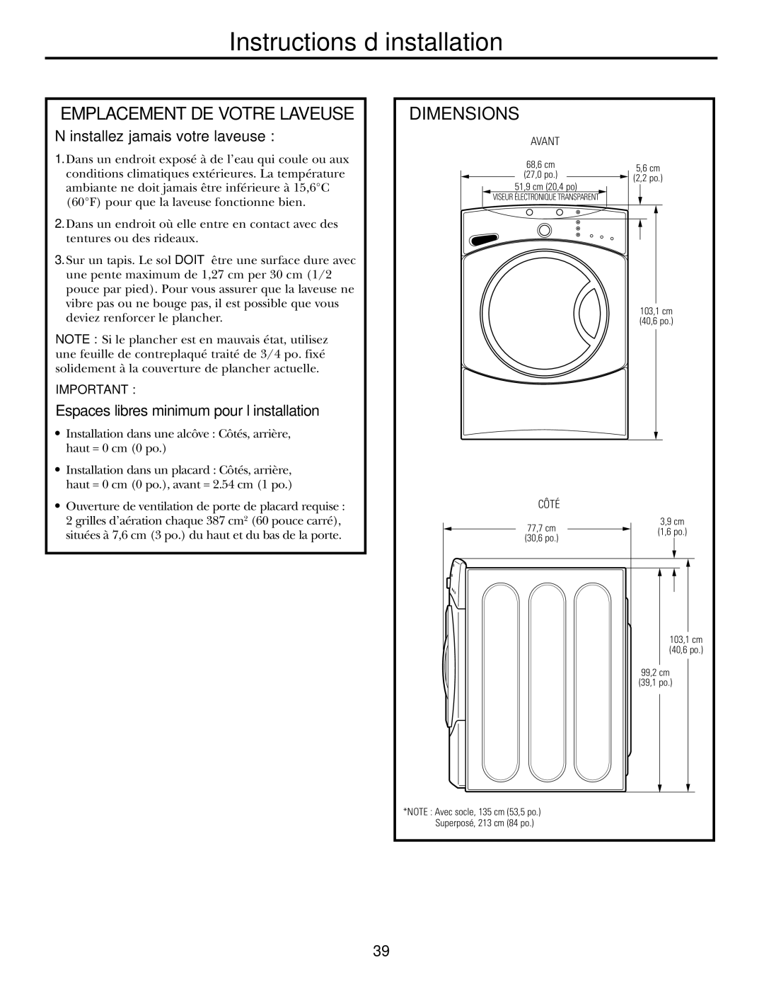 GE WBVH5200 operating instructions Emplacement DE Votre Laveuse, Dimensions 