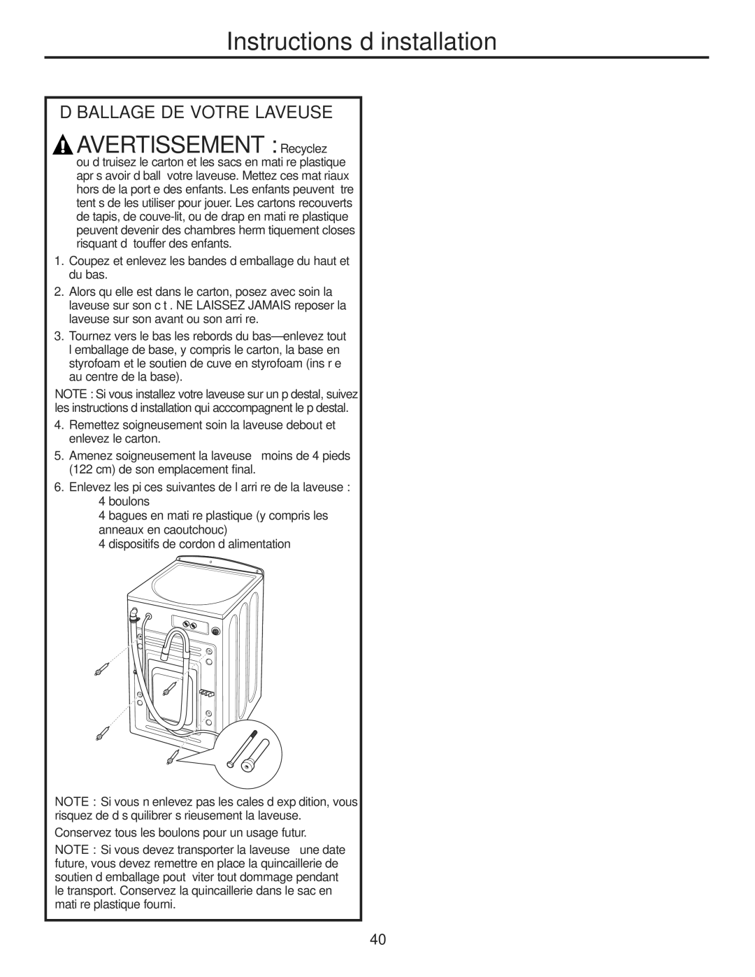 GE WBVH5200 operating instructions Instructions d’installation 