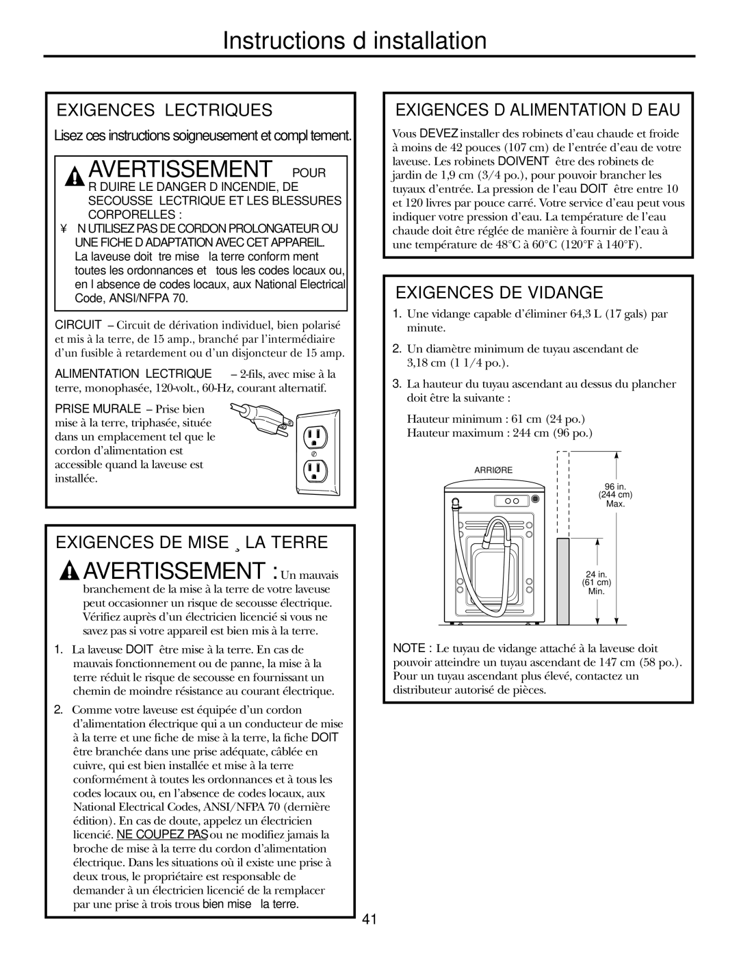 GE WBVH5200 Exigences Électriques, Exigences DE Mise À LA Terre, Exigences D’ALIMENTATION D’EAU, Exigences DE Vidange 