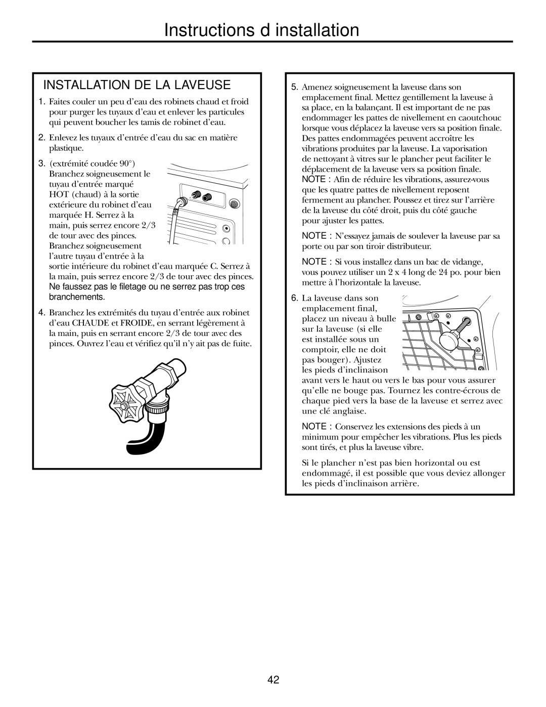 GE WBVH5200 operating instructions Installation DE LA Laveuse 