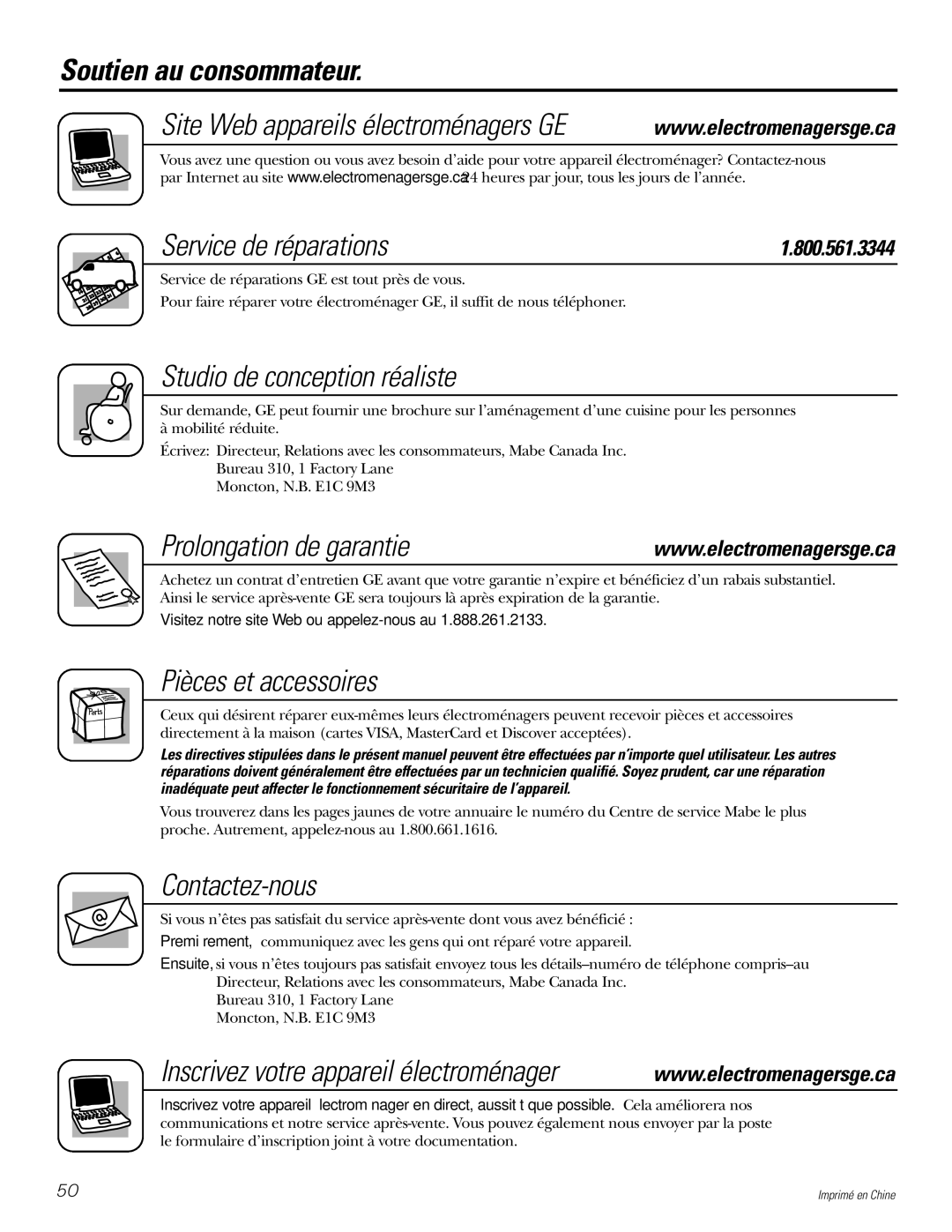 GE WBVH5200 operating instructions Soutien au consommateur, Service de réparations, Prolongation de garantie 