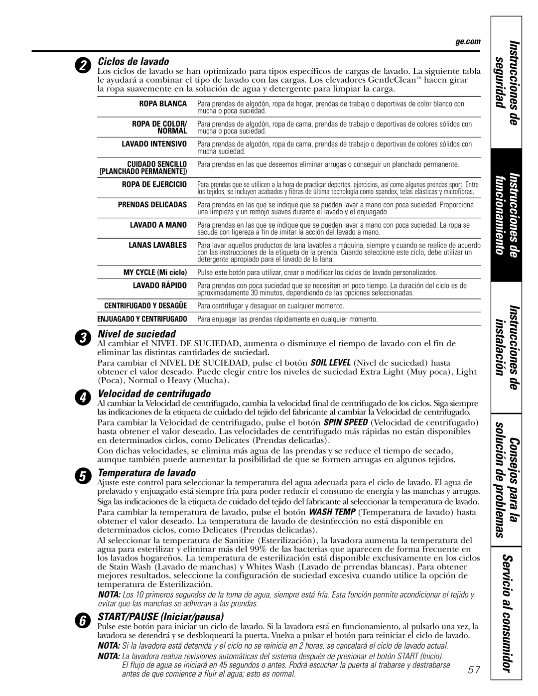 GE WBVH5200 operating instructions Ciclos de lavado, Nivel de suciedad, Velocidad de centrifugado, Temperatura de lavado 