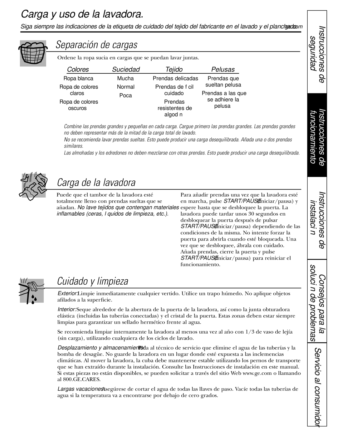 GE WBVH5200 Carga y uso de la lavadora, Separación de cargas, Carga de la lavadora, Cuidado y limpieza 