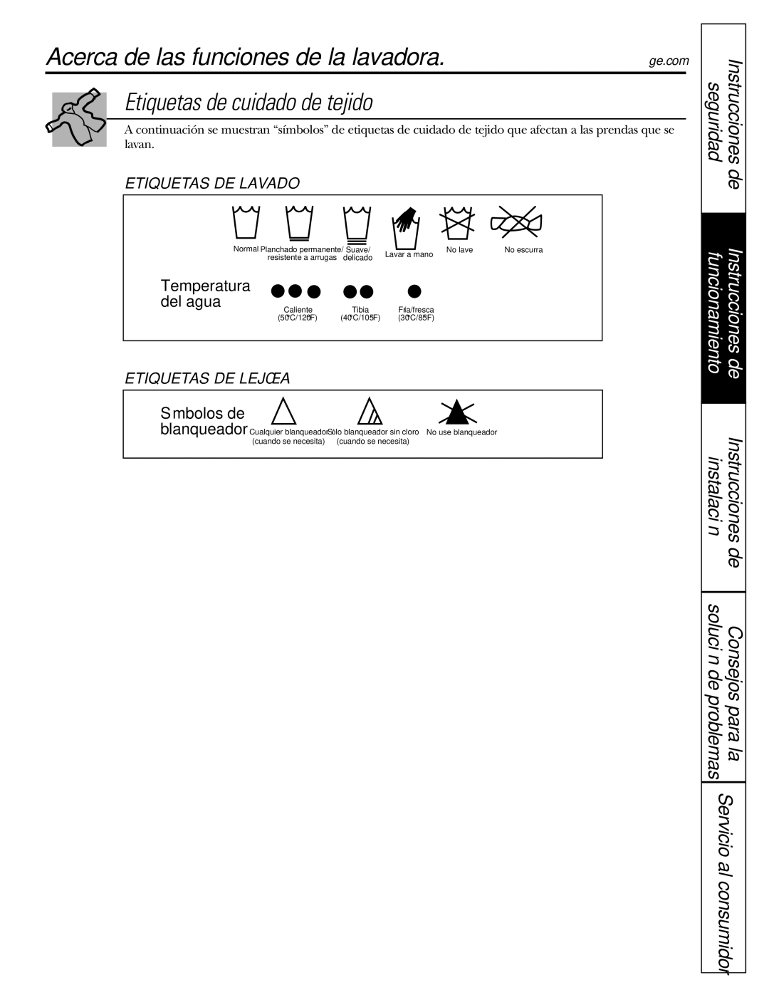 GE WBVH5200 operating instructions Etiquetas de cuidado de tejido, Máquina 