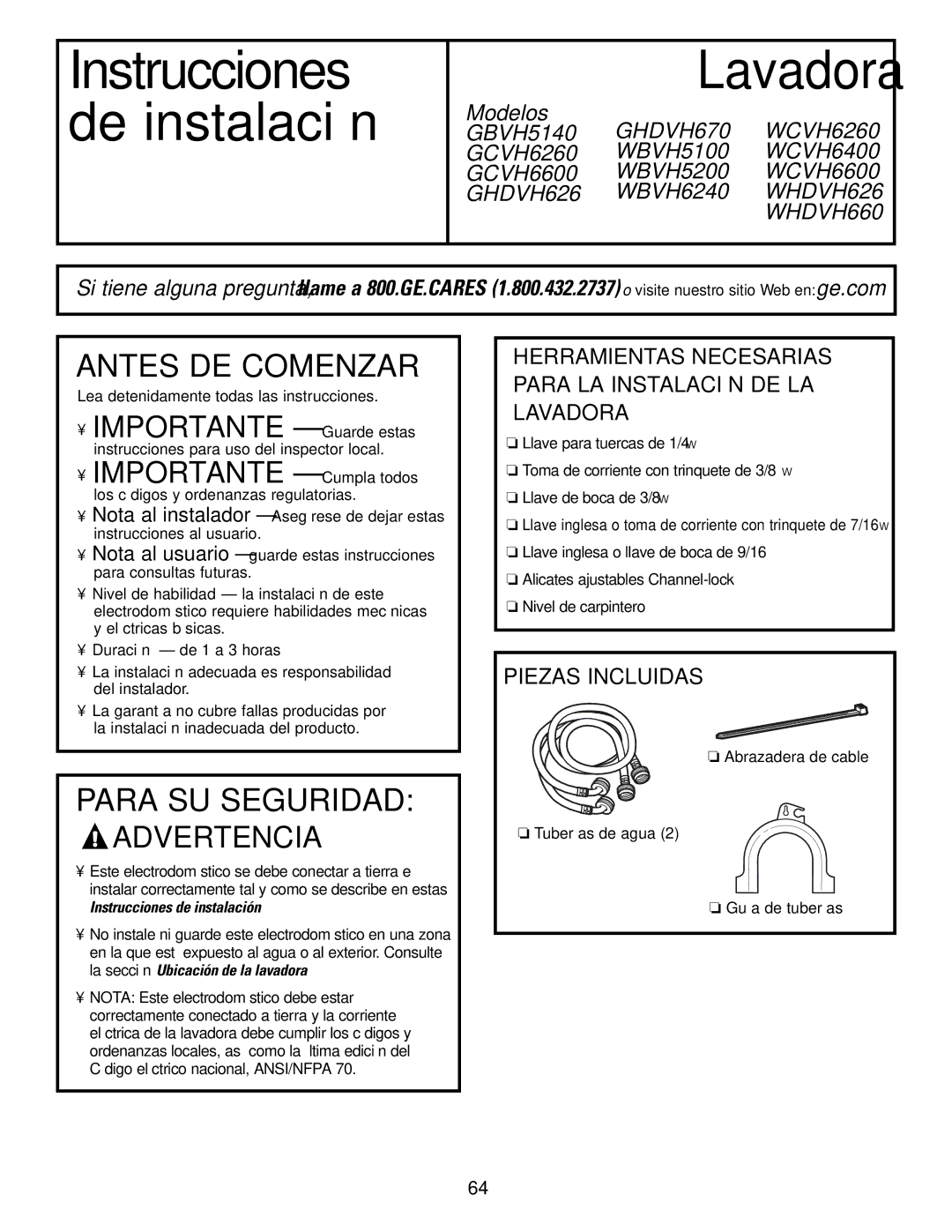 GE WBVH5200 operating instructions Piezas Incluidas, Lea detenidamente todas las instrucciones 