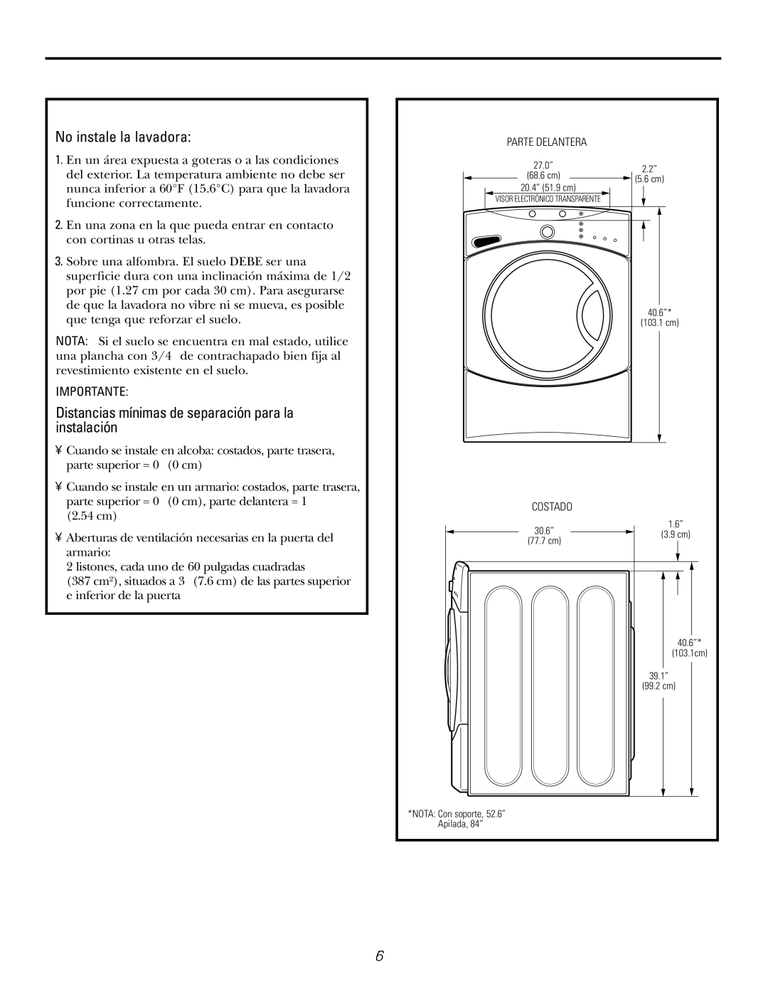 GE WBVH5200 operating instructions Instrucciones de instalación, Ubicación DE LA Lavadora 