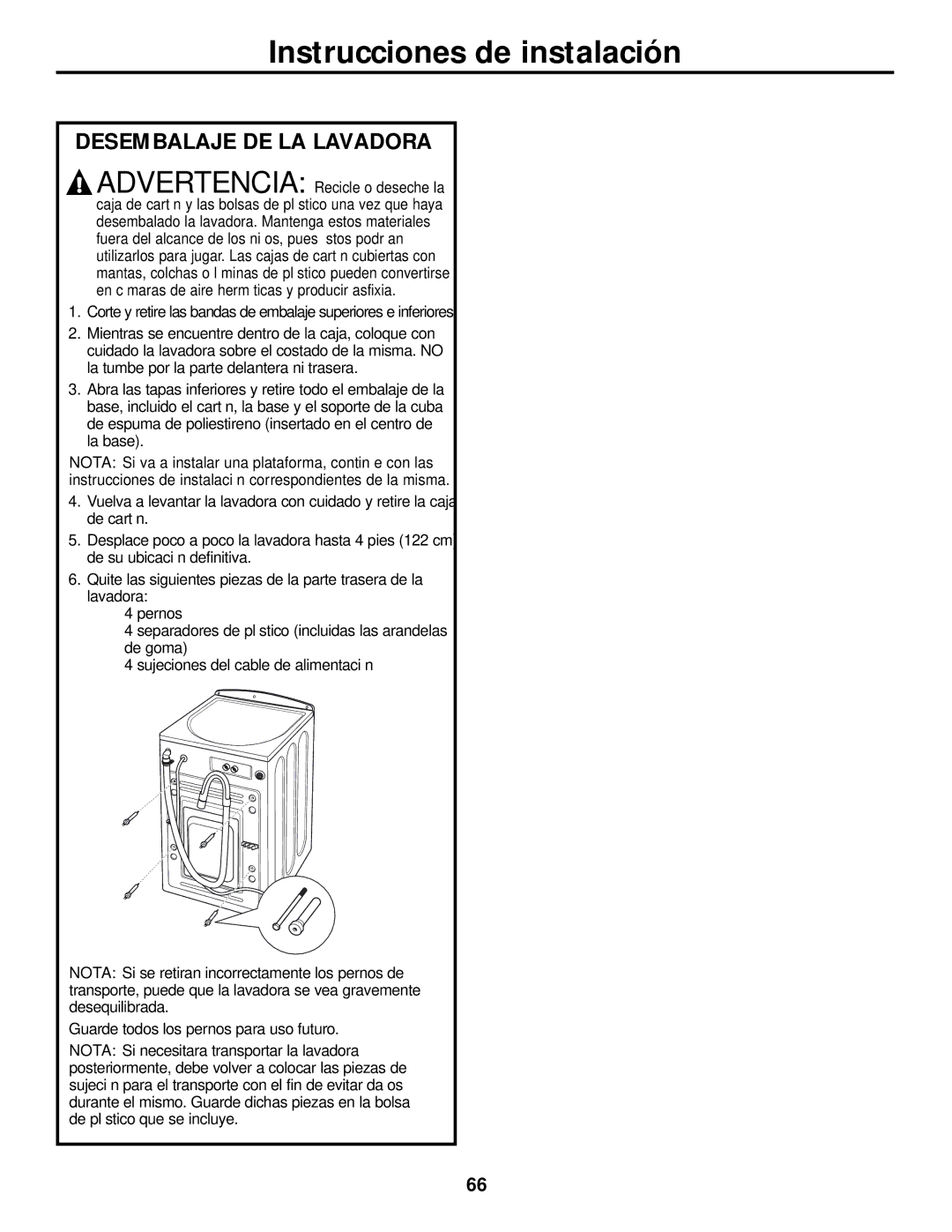 GE WBVH5200 operating instructions Desembalaje DE LA Lavadora, Guarde todos los pernos para uso futuro 