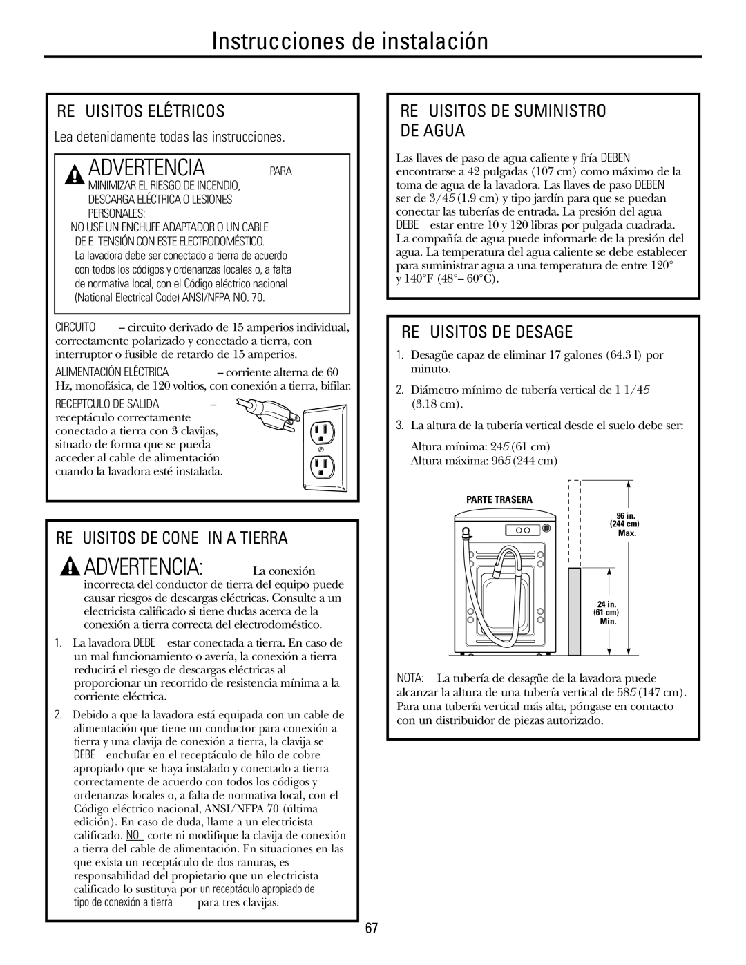 GE WBVH5200 operating instructions Requisitos Eléctricos, Requisitos DE Conexión a Tierra, Requisitos DE Suministro DE Agua 