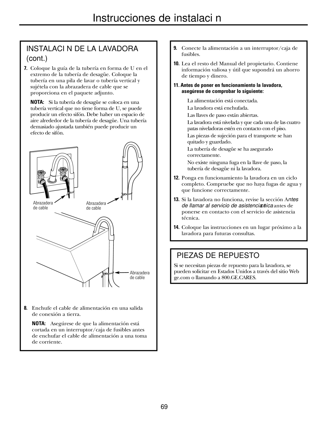 GE WBVH5200 operating instructions Instalación DE LA Lavadora, Piezas DE Repuesto 