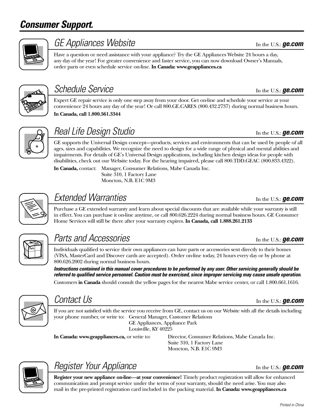 GE WBVH5200 operating instructions Consumer Support 