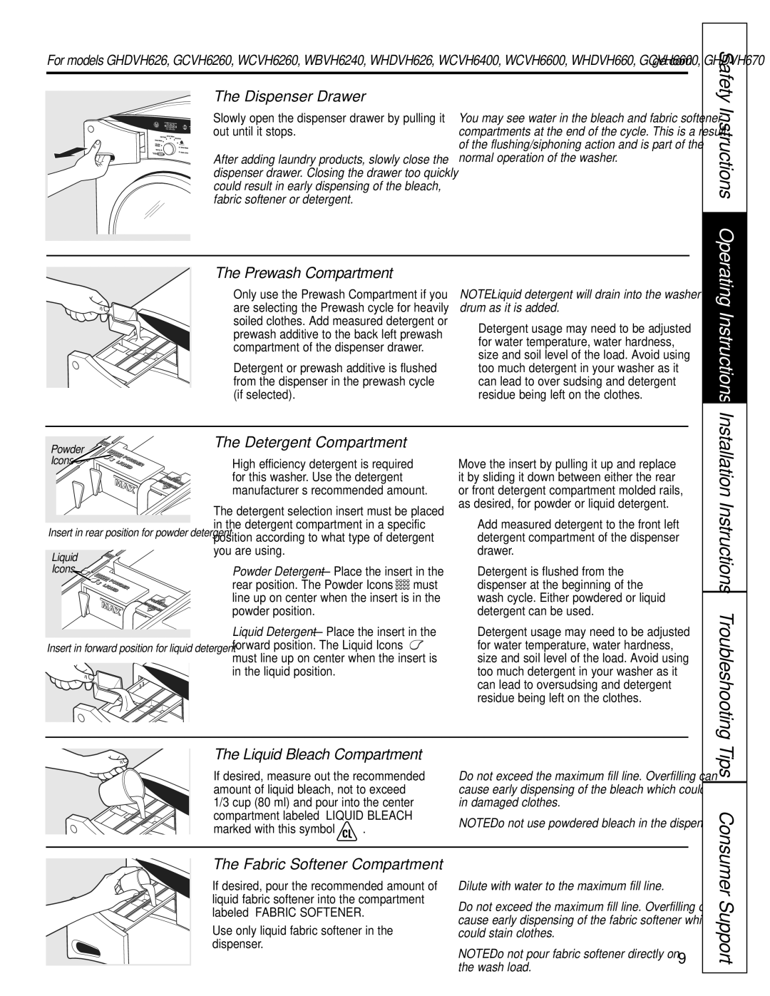 GE WBVH5200 operating instructions Support, Instructions Operating 