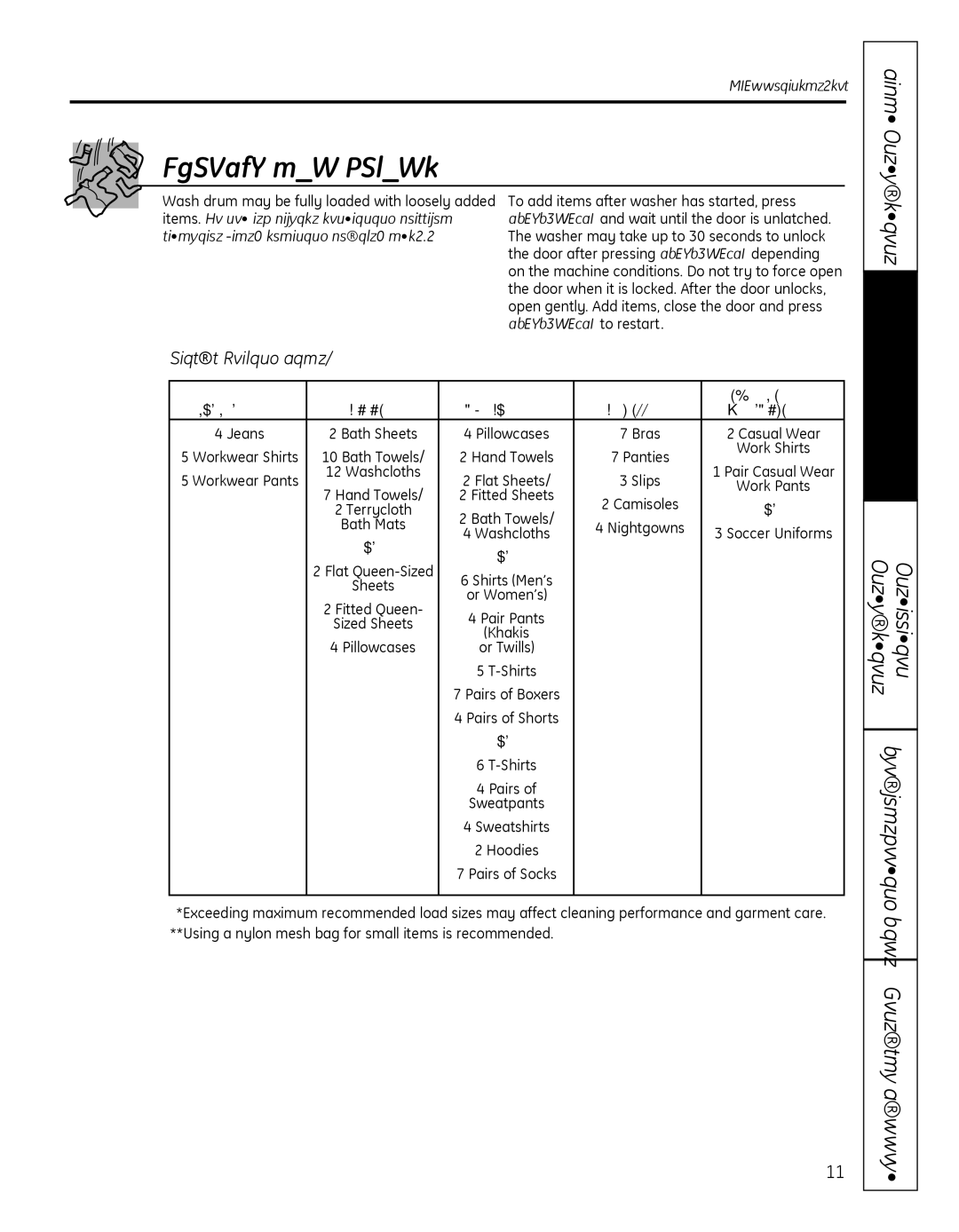 GE GFWN1000, WBVH5300 Loading the Washer, Maximum Loading Sizes, WOrkWEar LInEnS MIxED LOaD, GarMEntS 