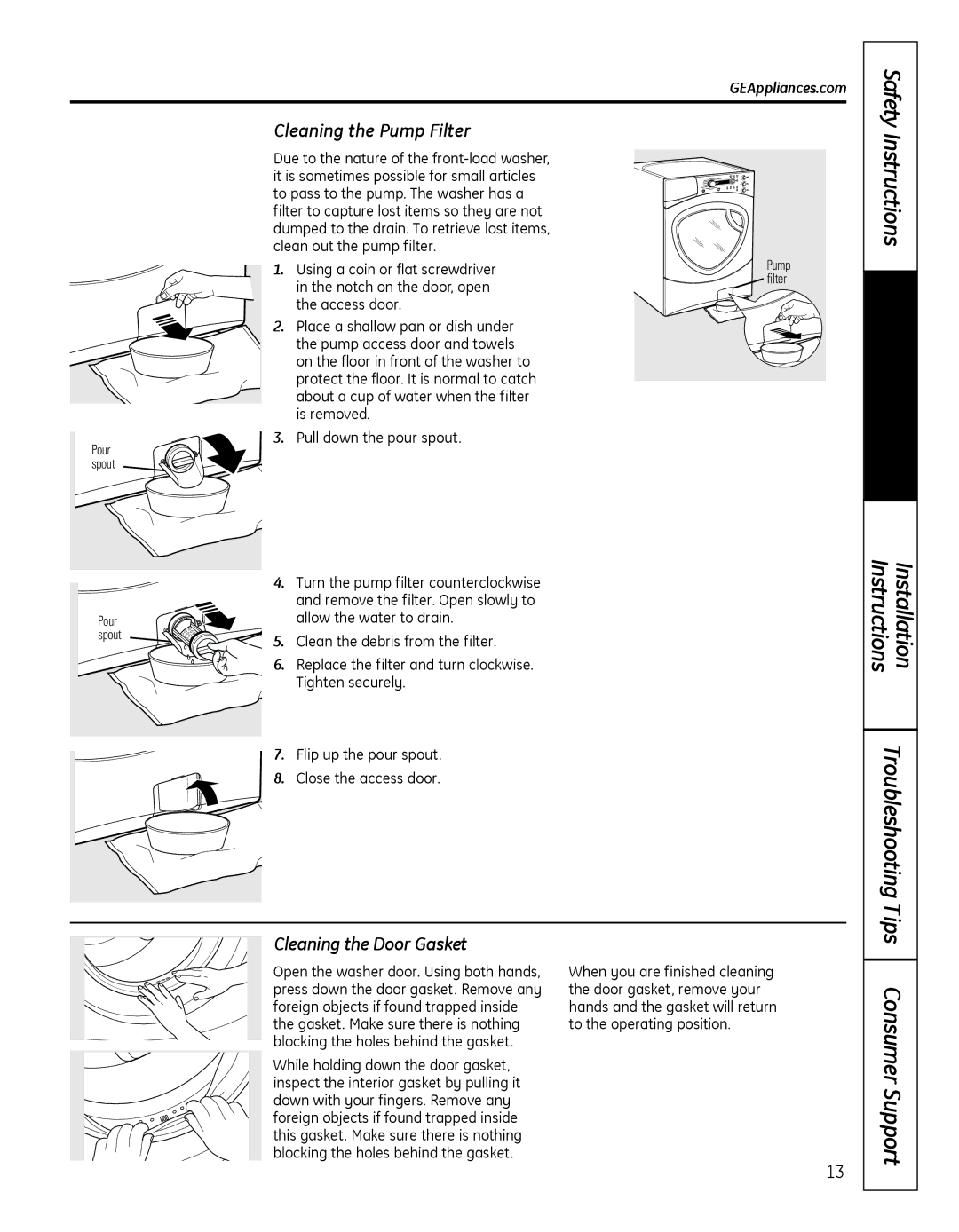 GE GFWN1000, WBVH5300 installation instructions Cleaning the Pump Filter, Cleaning the Door Gasket 