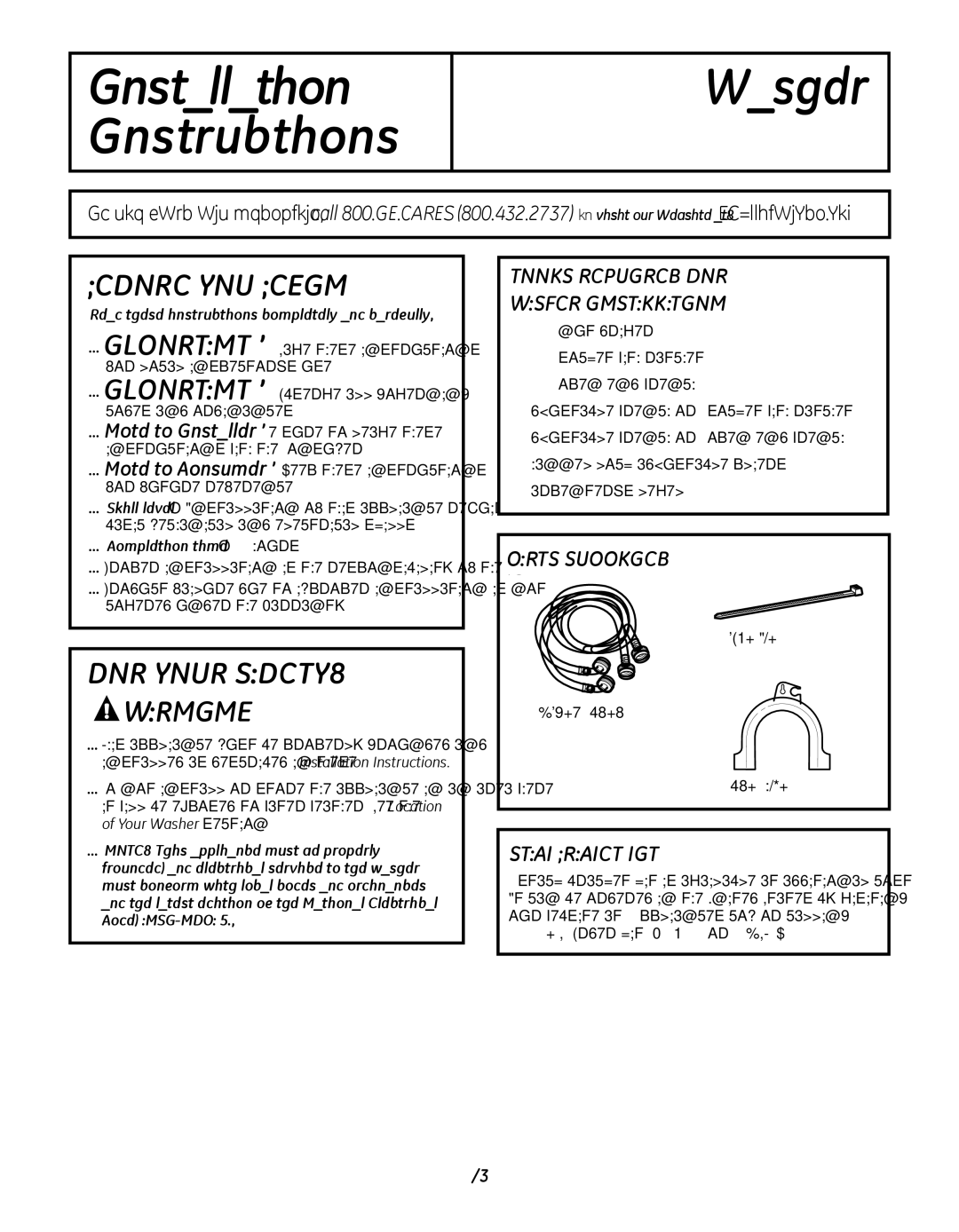 GE GFWN1000, WBVH5300 TOOLS rEQUIrED FOr WaSHEr InStaLLatIOn, PartS Supplied, StaCk BraCkEt kIt, Completion time 1-3 hours 