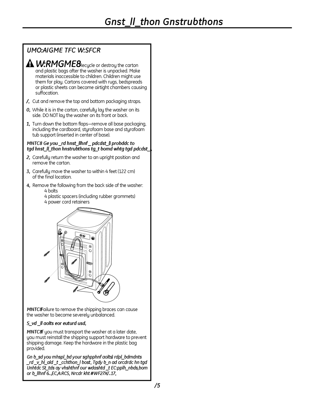 GE GFWN1000 UnPaCkIng tHE WaSHEr, Installation instructions that come with the pedestal, Save all bolts for future use 