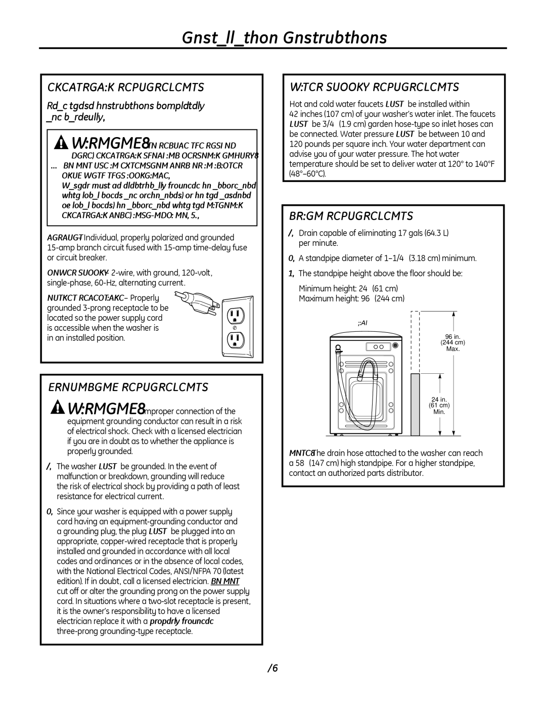 GE WBVH5300, GFWN1000 ELECtrICaL rEQUIrEMEntS, GrOUnDIng rEQUIrEMEntS, WatEr SUPPLy rEQUIrEMEntS, DraIn rEQUIrEMEntS 