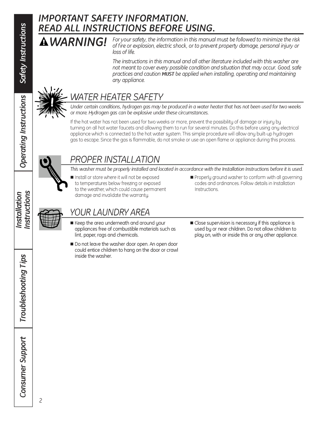 GE WBVH5300, GFWN1000 installation instructions WaTEr HEaTEr SaFETY, ProPEr InSTaLLaTIon, Your LaundrY arEa 