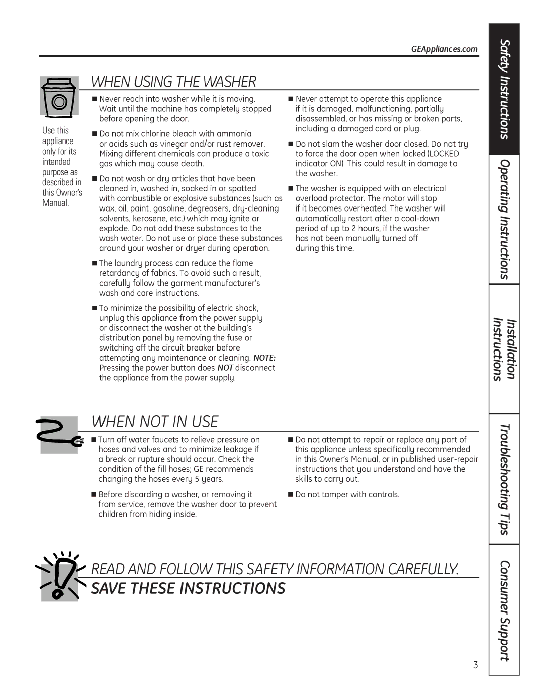 GE GFWN1000, WBVH5300 WHEn uSInG the WaSHEr, WHEn noT In uSE, REad and FoLLoW this SaFETY InFormaTIon carEFuLLY 