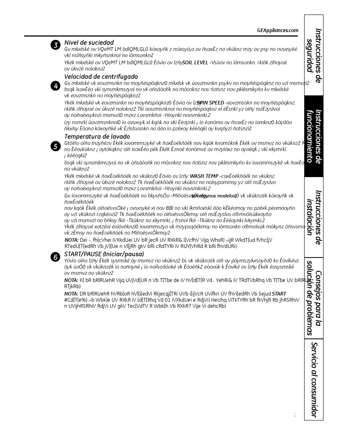 GE GFWN1000, WBVH5300 Nivel de suciedad, Velocidad de centrifugado, Temperatura de lavado, START/PAUSE Iniciar/pausa 