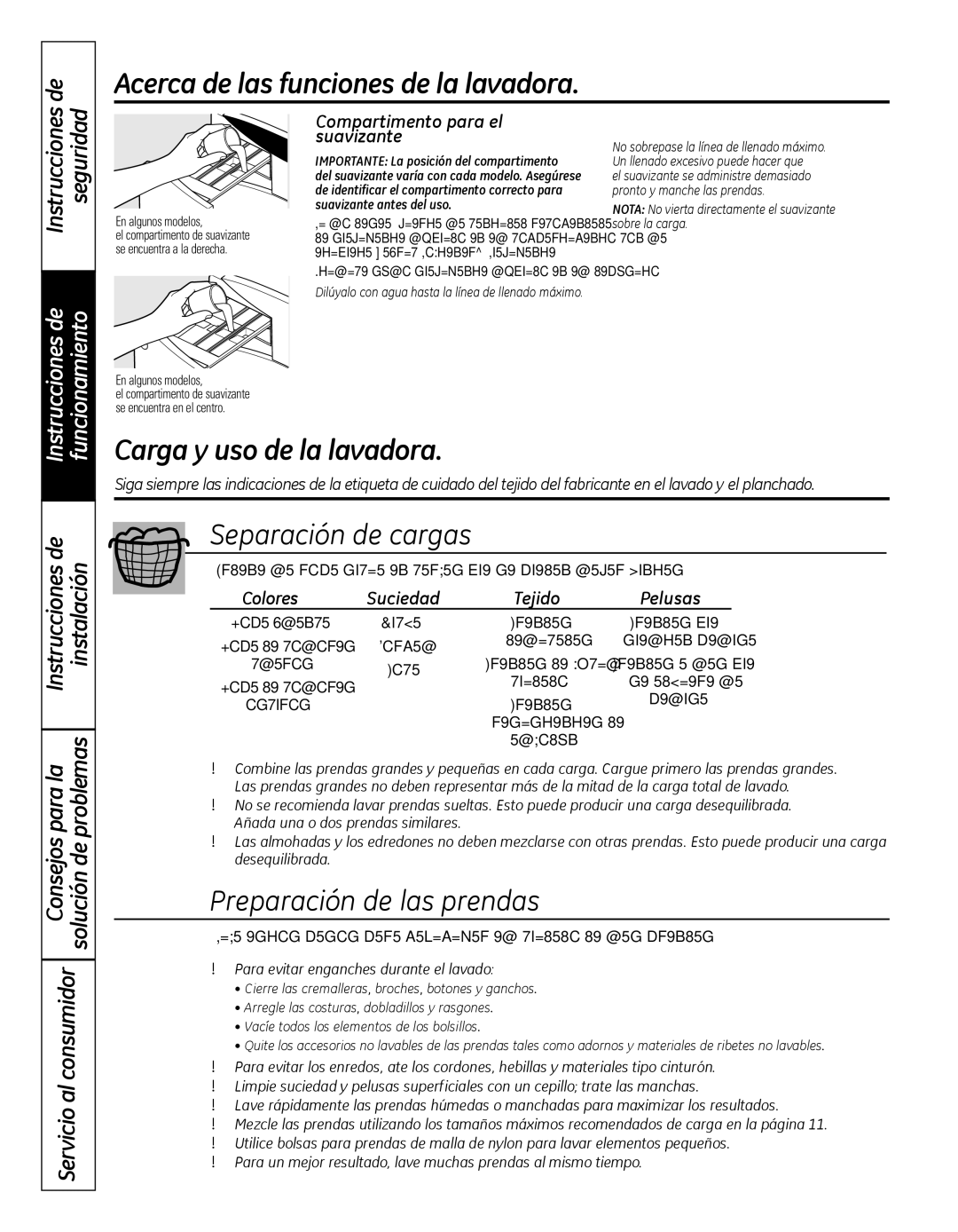 GE WBVH5300, GFWN1000 installation instructions Carga y uso de la lavadora, Separación de cargas, Preparación de las prendas 
