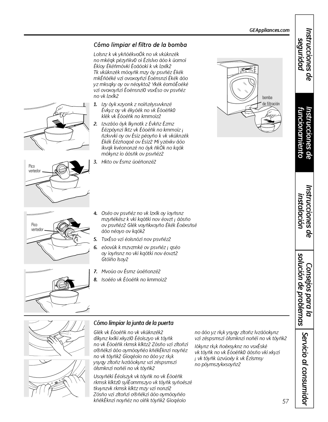 GE GFWN1000, WBVH5300 installation instructions Cómo limpiar el filtro de la bomba, Cómo limpiar la junta de la puerta 