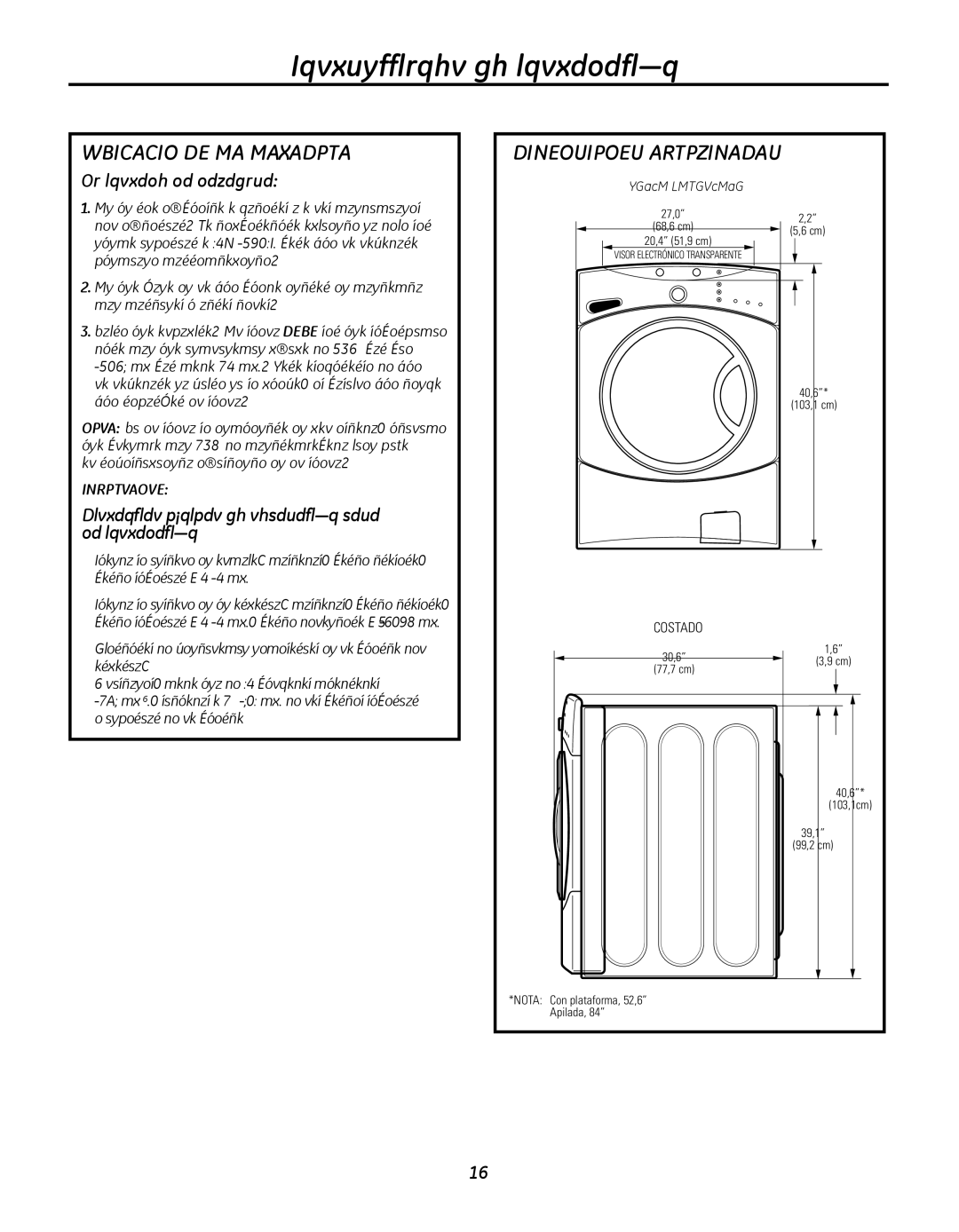 GE WBVH5300, GFWN1000 installation instructions UbicaciÓn de La LavadoRa, Dimensiones apRoXimadas, ImpoRtante 