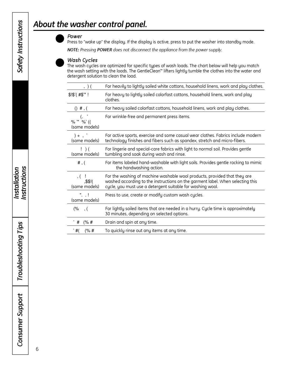 GE WBVH5300, GFWN1000 installation instructions Power, Wash Cycles 