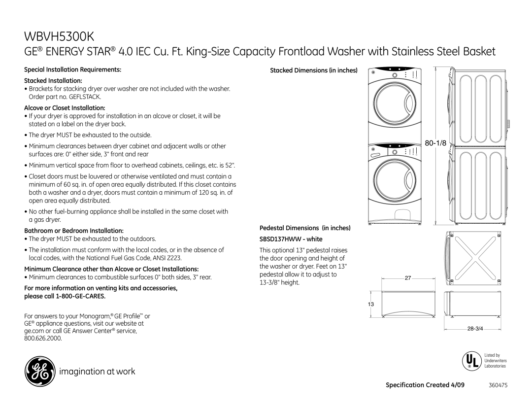 GE WBVH5300K dimensions Special Installation Requirements Stacked Installation, Alcove or Closet Installation 