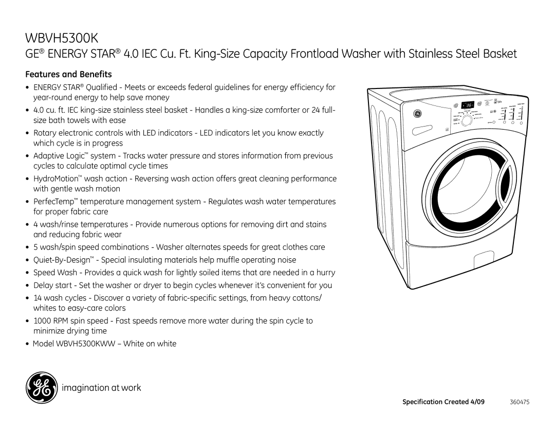 GE WBVH5300K dimensions Features and Benefits 