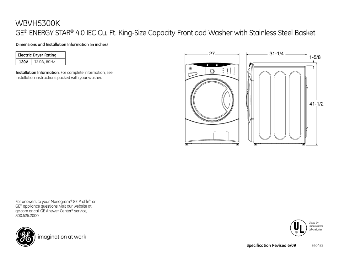 GE WBVH5300KWW dimensions Specification Revised 6/09 