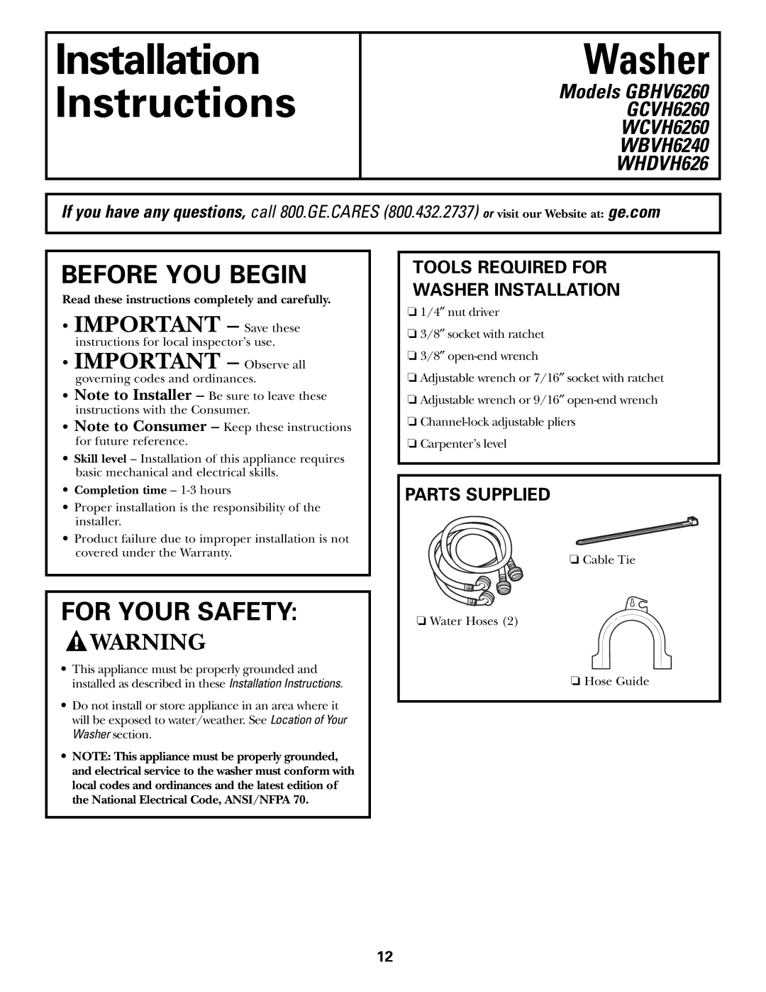 GE WBVH6240, GCVH6260, GBVH6260 Parts Supplied, Read these instructions completely and carefully, Completion time 1-3 hours 