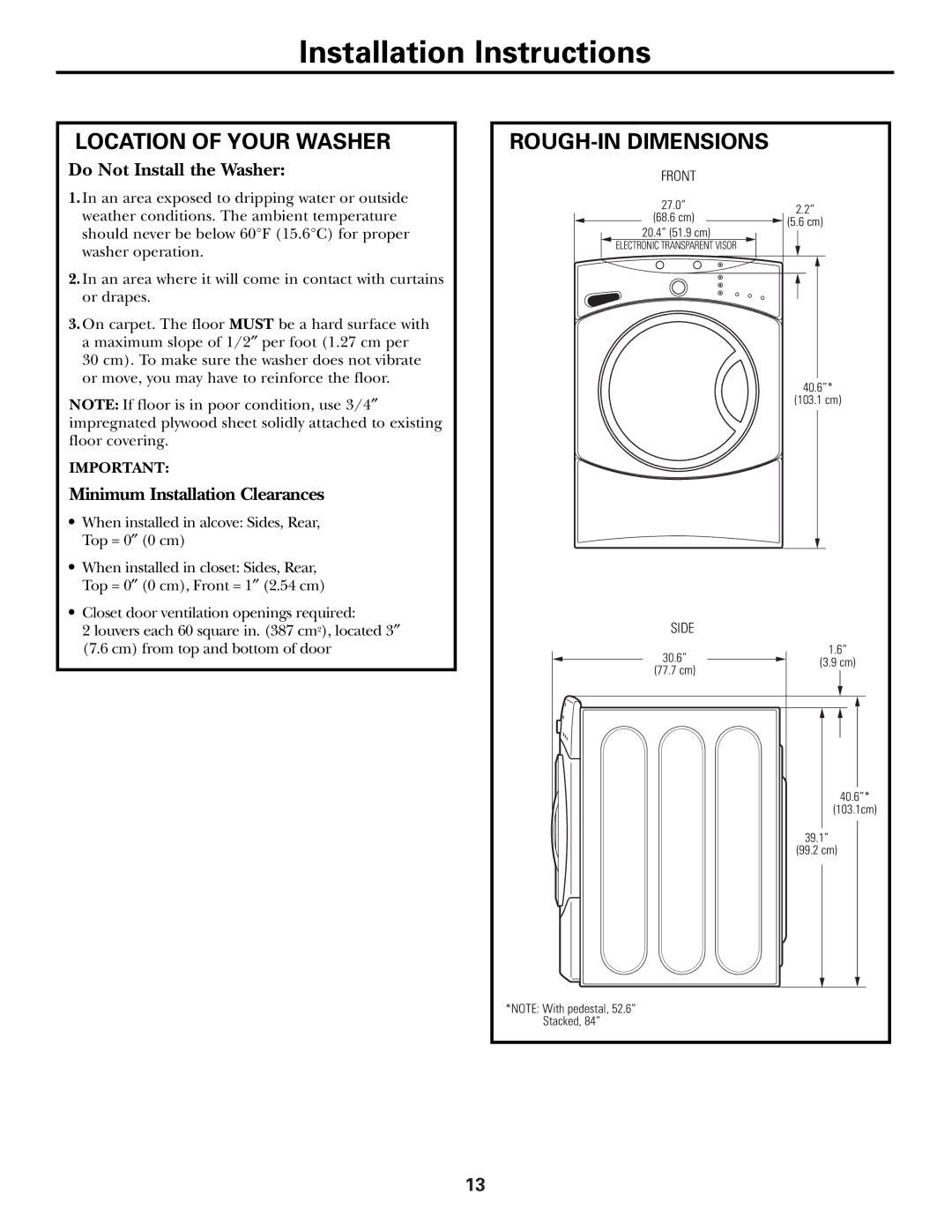 GE GCVH6260, WBVH6240, GBVH6260 installation instructions Location of Your Washer, ROUGH-IN Dimensions 