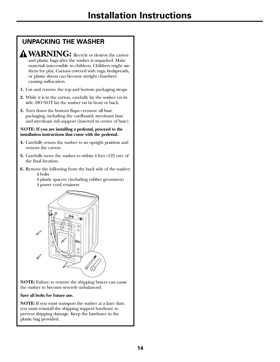 GE GBVH6260, WBVH6240, GCVH6260 installation instructions Unpacking the Washer, Save all bolts for future use 