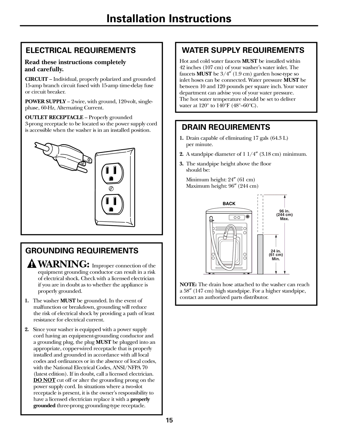 GE WBVH6240, GCVH6260 Electrical Requirements, Grounding Requirements, Water Supply Requirements, Drain Requirements 