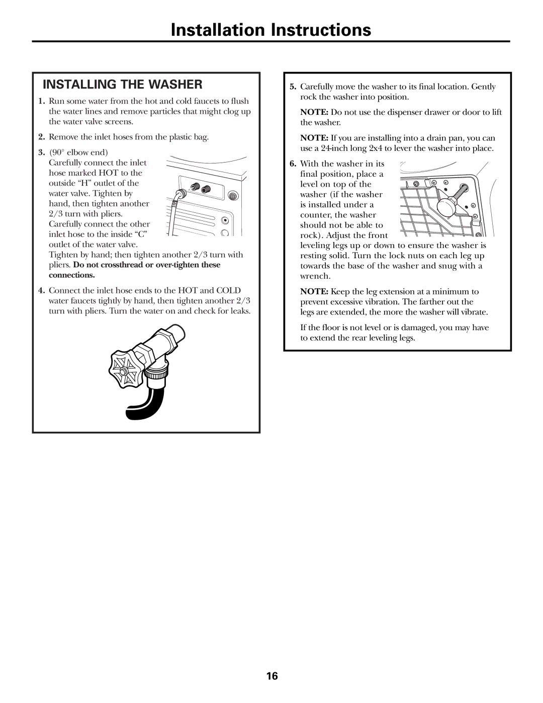 GE GCVH6260, WBVH6240, GBVH6260 installation instructions Installing the Washer 