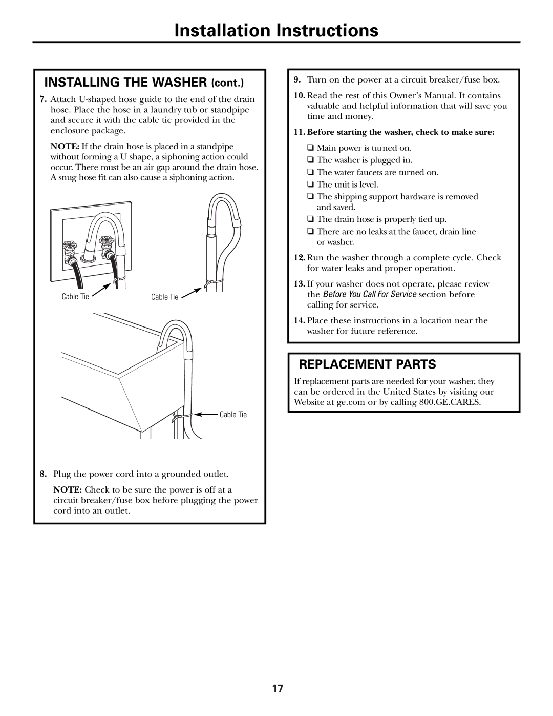 GE GBVH6260, WBVH6240, GCVH6260 installation instructions Replacement Parts, Before starting the washer, check to make sure 