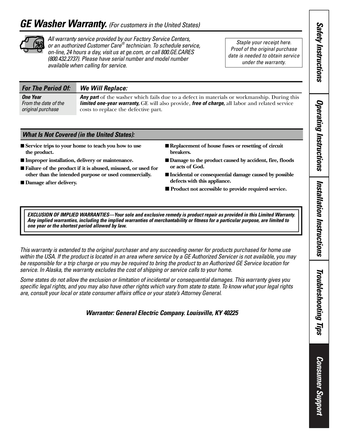 GE WBVH6240, GCVH6260, GBVH6260 installation instructions Safety, We Will Replace, What Is Not Covered in the United States 