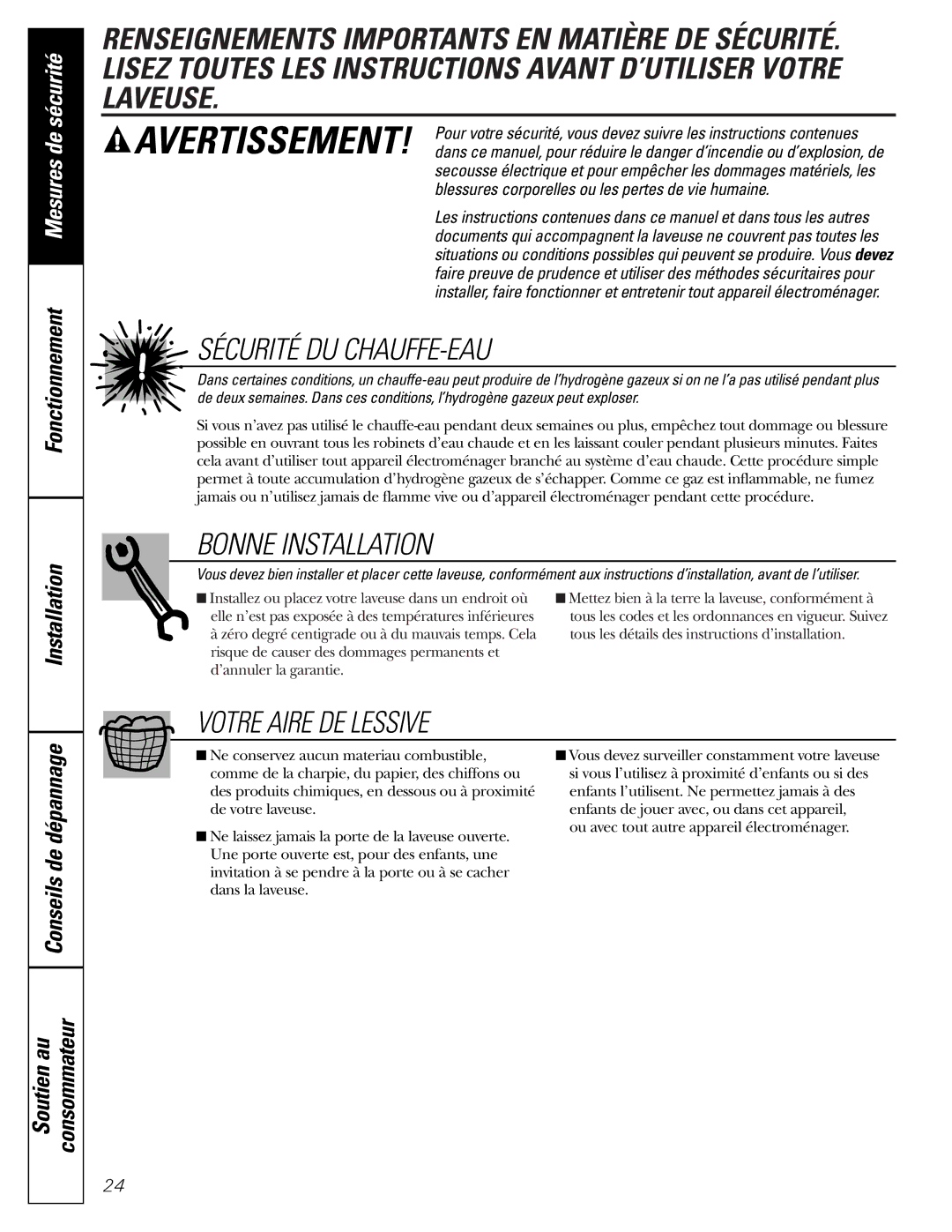 GE WBVH6240, GCVH6260, GBVH6260 installation instructions Fonctionnement Installation, Soutien au Consommateur 