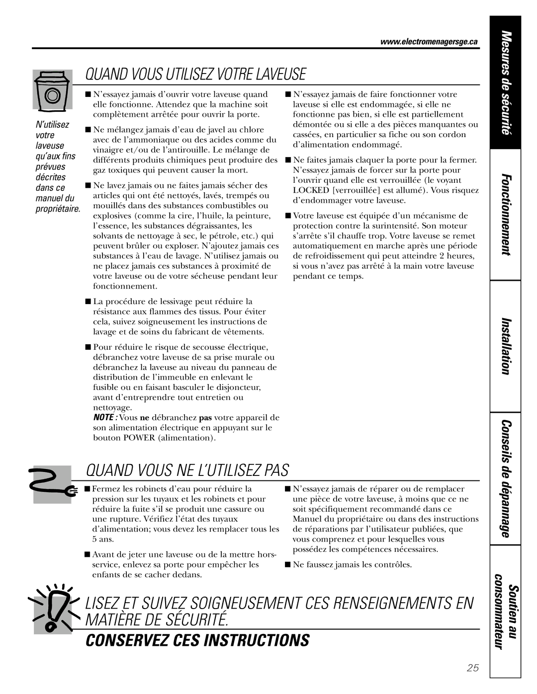 GE GCVH6260, WBVH6240, GBVH6260 installation instructions Quand Vous Utilisez Votre Laveuse, Dépannage 